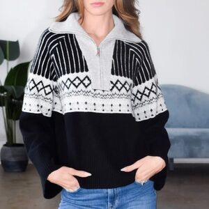 Cashmere Wool Fair Isle Zip Neck Sweater Black Gray by Never a Wallflower NWOT